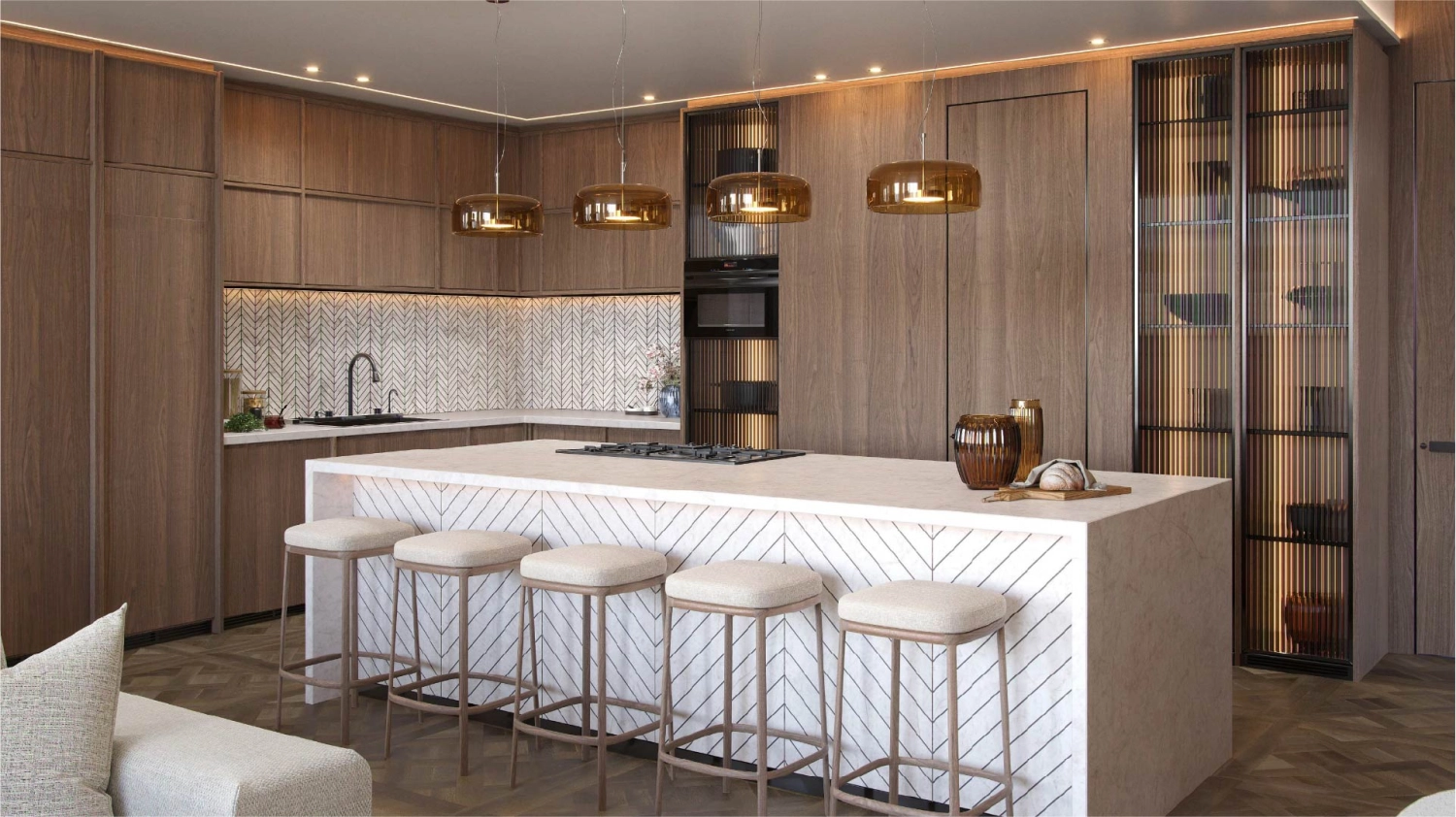 Dining space with ambient lighting and upscale furnishings in Reem Eleven
